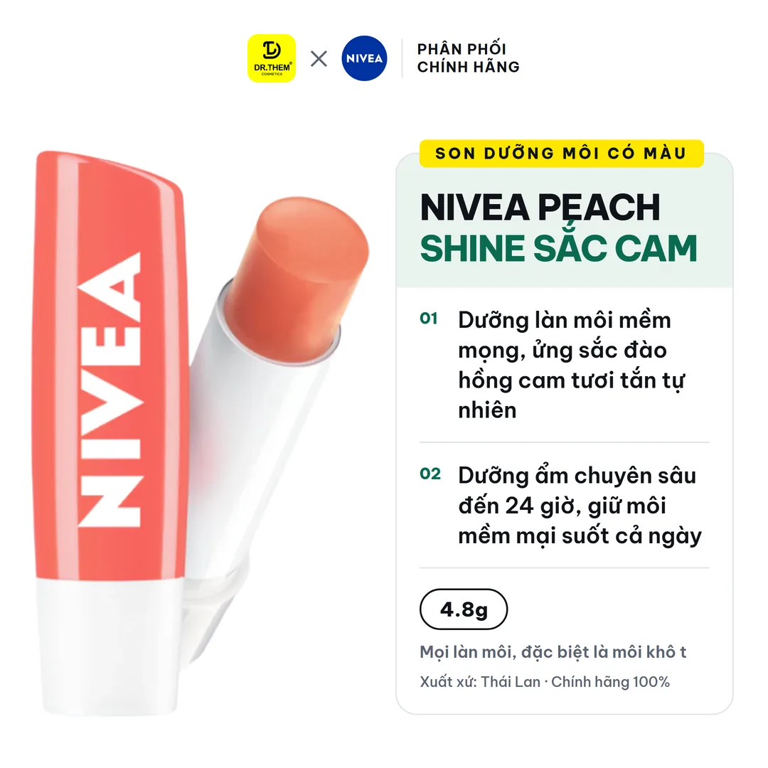 Son Dưỡng Môi Có Màu NIVEA Peach Shine Sắc Cam Hương Đào Dưỡng Ẩm 24 Giờ Cho Môi Mềm Mọng Ửng Hồng 4.8g