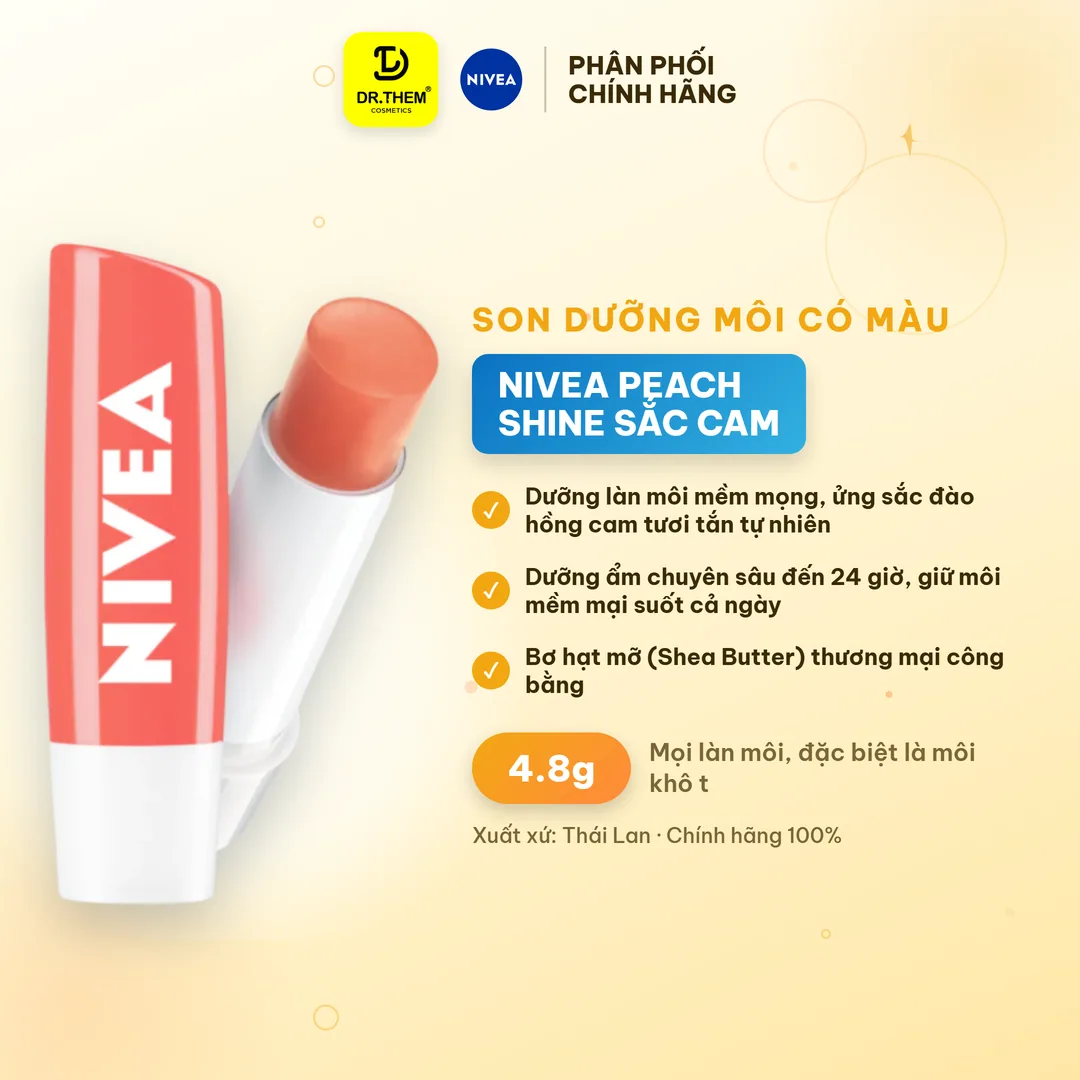 Son Dưỡng Môi Có Màu NIVEA Peach Shine Sắc Cam Hương Đào Dưỡng Ẩm 24 Giờ Cho Môi Mềm Mọng Ửng Hồng 4.8g