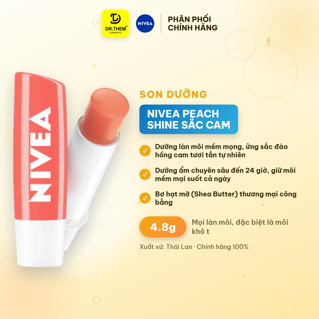 Son Dưỡng Môi Có Màu NIVEA Peach Shine Sắc Cam Hương Đào Dưỡng Ẩm 24 Giờ Cho Môi Mềm Mọng Ửng Hồng 4.8g