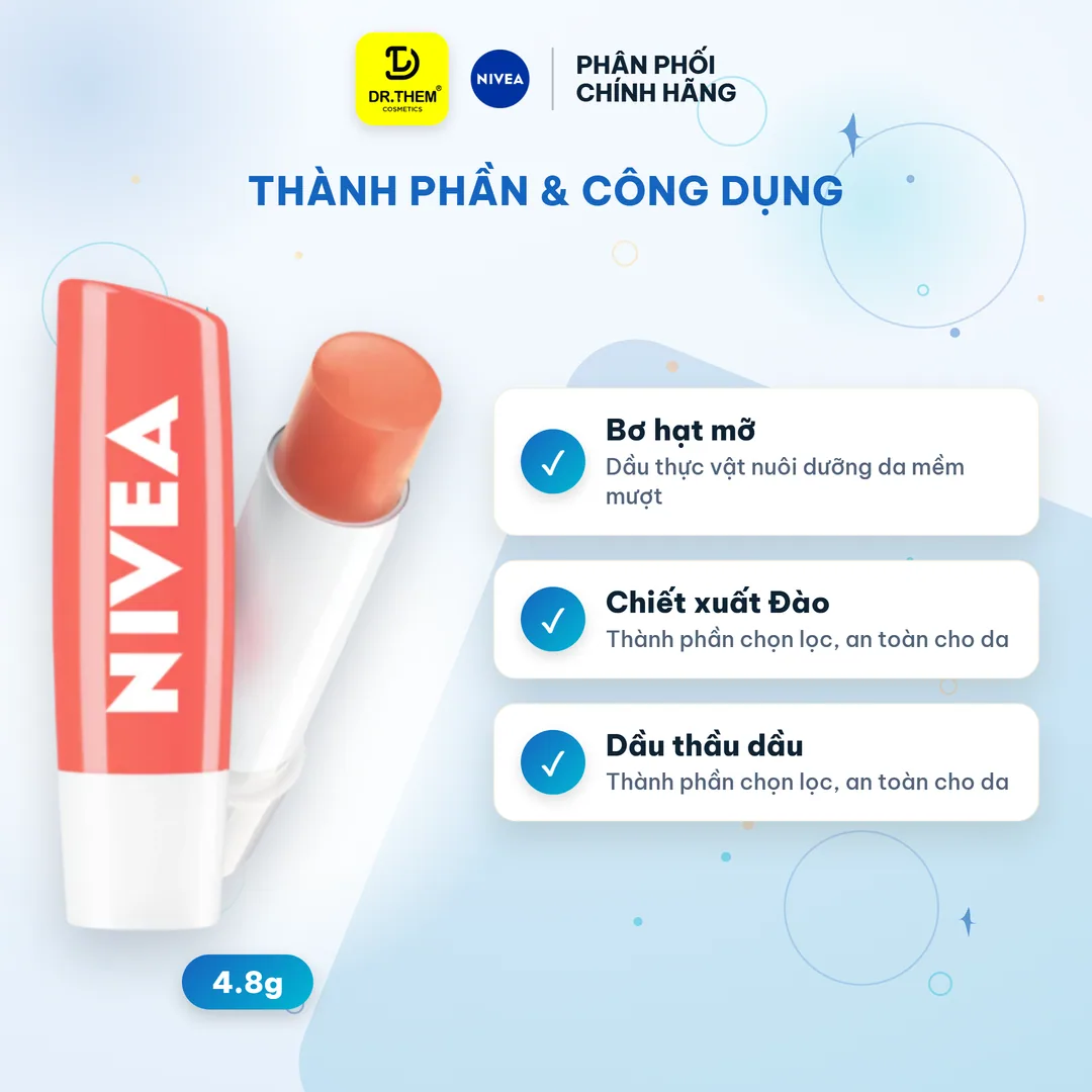 Son Dưỡng Môi Có Màu NIVEA Peach Shine Sắc Cam Hương Đào Dưỡng Ẩm 24 Giờ Cho Môi Mềm Mọng Ửng Hồng 4.8g 6