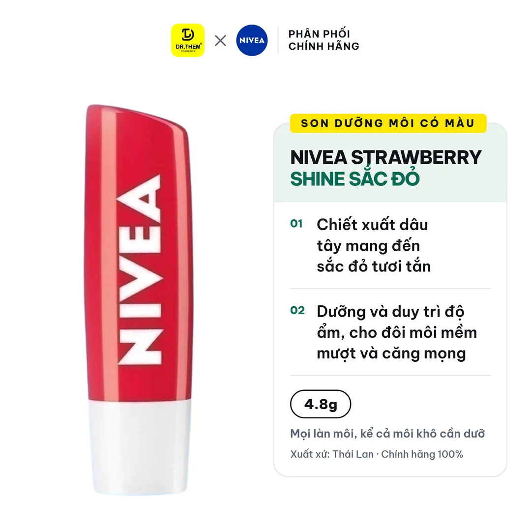 Son Dưỡng Môi Có Màu NIVEA Strawberry Shine Sắc Đỏ Dâu Tây Dưỡng Ẩm Hồng Môi Không Chứa Chì 4.8g