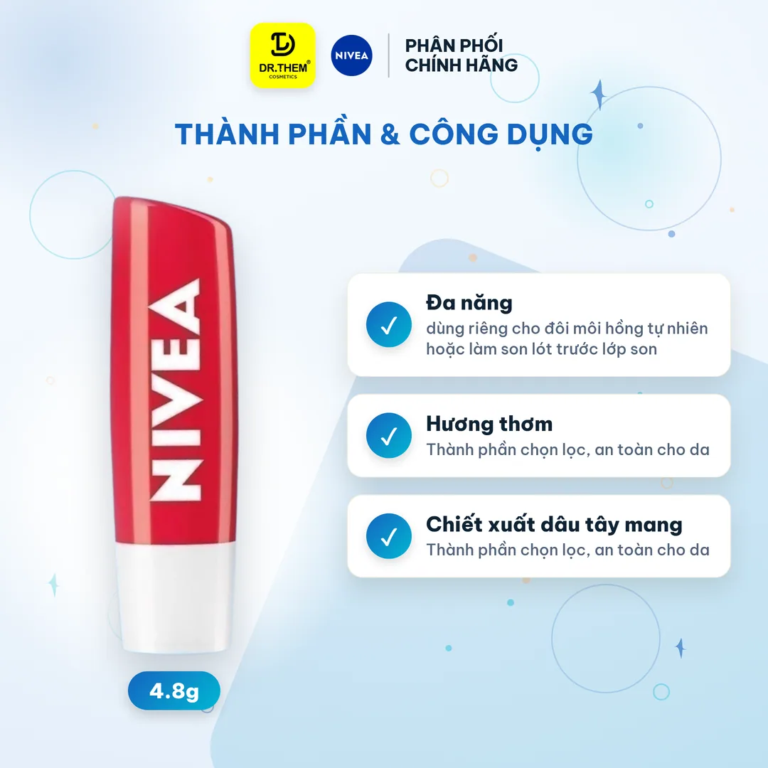 Son Dưỡng Môi Có Màu NIVEA Strawberry Shine Sắc Đỏ Dâu Tây Dưỡng Ẩm Hồng Môi Không Chứa Chì 4.8g 7