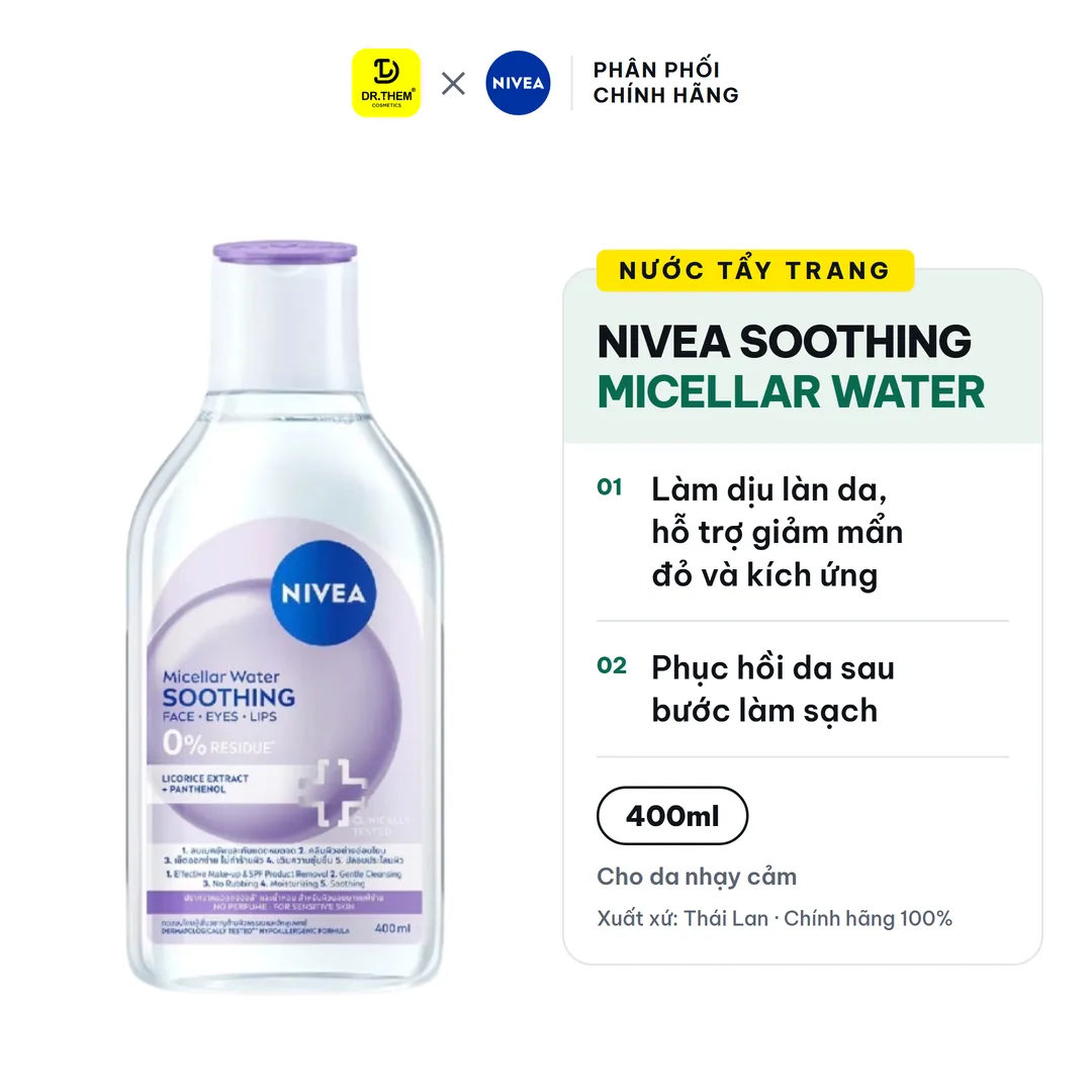 Nước Tẩy Trang NIVEA Soothing Micellar Water Làm Dịu Da Giảm Khô Mẩn Đỏ Kích Ứng Cho Da Nhạy Cảm 400ml