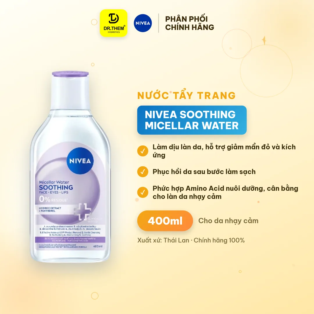 Nước Tẩy Trang NIVEA Soothing Micellar Water Làm Dịu Da Giảm Khô Mẩn Đỏ Kích Ứng Cho Da Nhạy Cảm 400ml