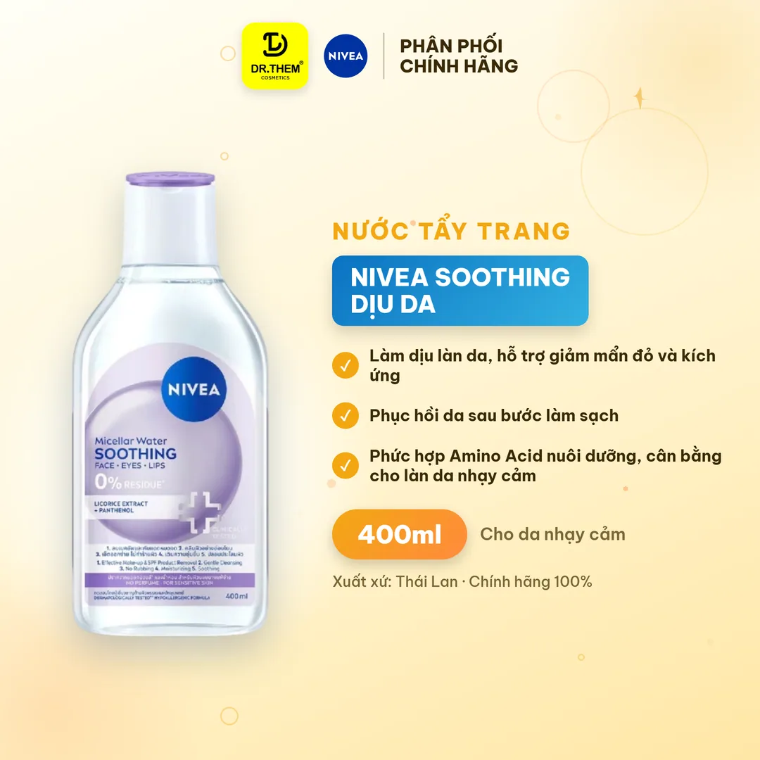 Nước Tẩy Trang NIVEA Soothing Micellar Water Làm Dịu Da Giảm Khô Mẩn Đỏ Kích Ứng Cho Da Nhạy Cảm 400ml
