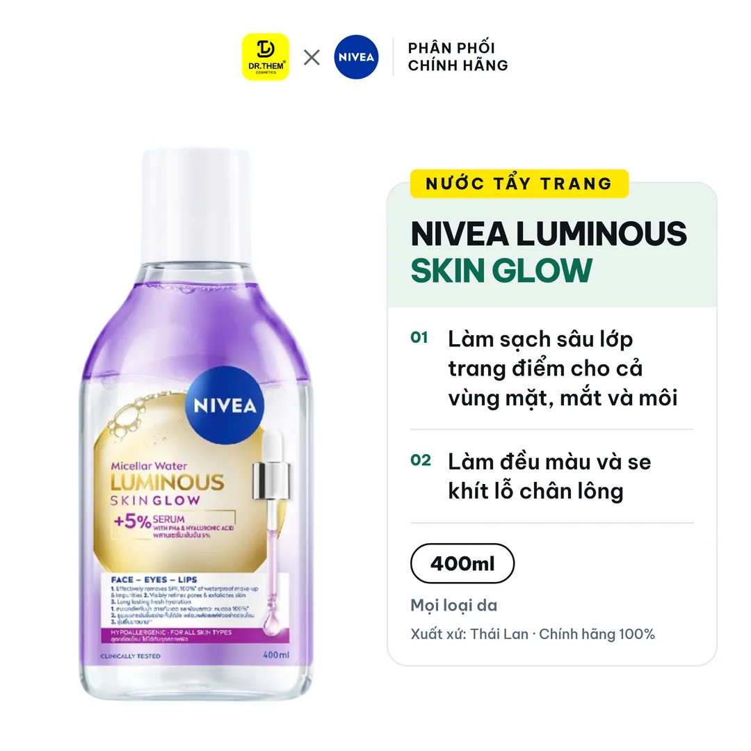 Nước Tẩy Trang NIVEA Luminous Skin Glow Làm Sạch Sâu Dưỡng Sáng Se Khít Lỗ Chân Lông Cho Mọi Loại Da 400ml