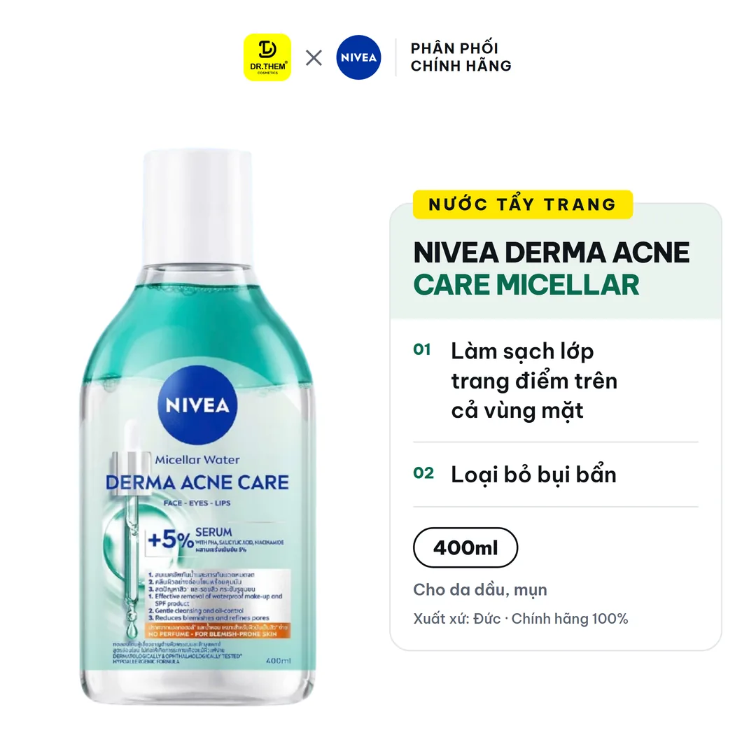 Nước Tẩy Trang NIVEA Derma Acne Care Micellar Water Làm Sạch Sâu Kiểm Soát Dầu Cho Da Dầu Mụn 400ml