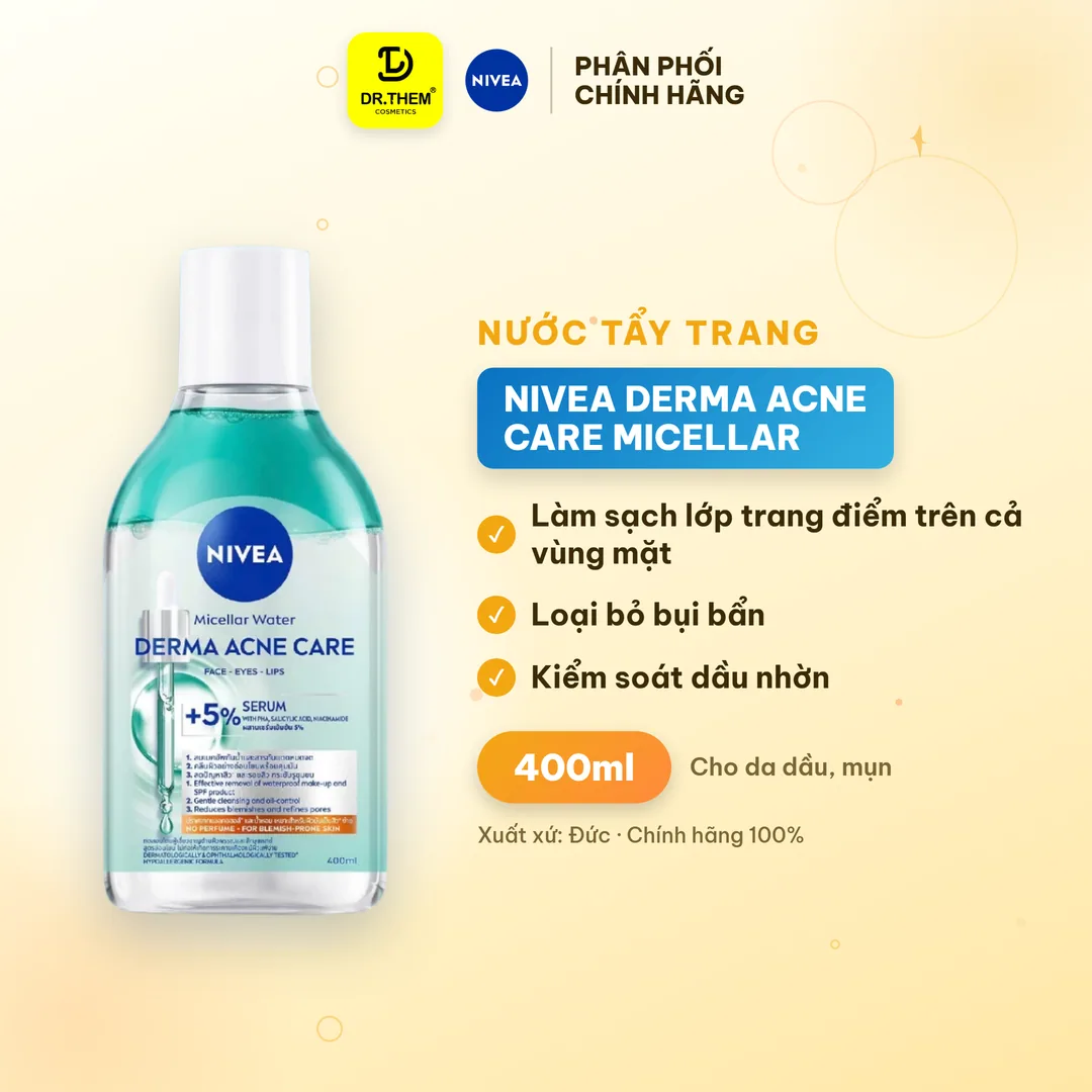 Nước Tẩy Trang NIVEA Derma Acne Care Micellar Water Làm Sạch Sâu Kiểm Soát Dầu Cho Da Dầu Mụn 400ml