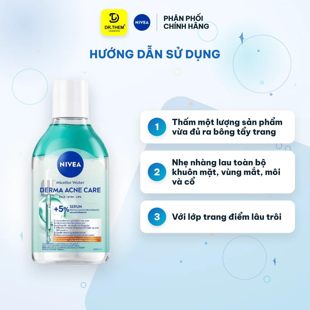Nước Tẩy Trang NIVEA Derma Acne Care Micellar Water Làm Sạch Sâu Kiểm Soát Dầu Cho Da Dầu Mụn 400ml 8