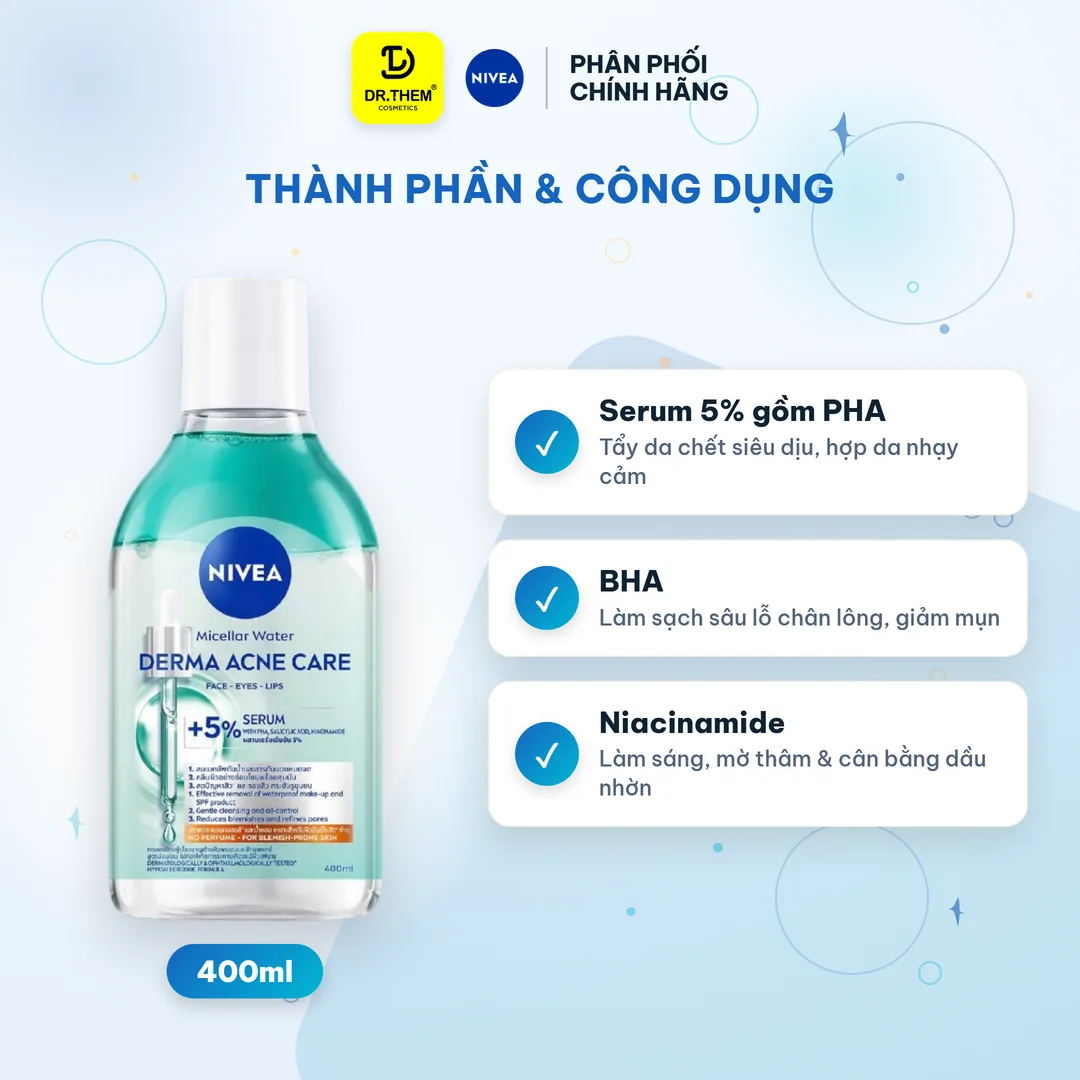 Nước Tẩy Trang NIVEA Derma Acne Care Micellar Water Làm Sạch Sâu Kiểm Soát Dầu Cho Da Dầu Mụn 400ml 7