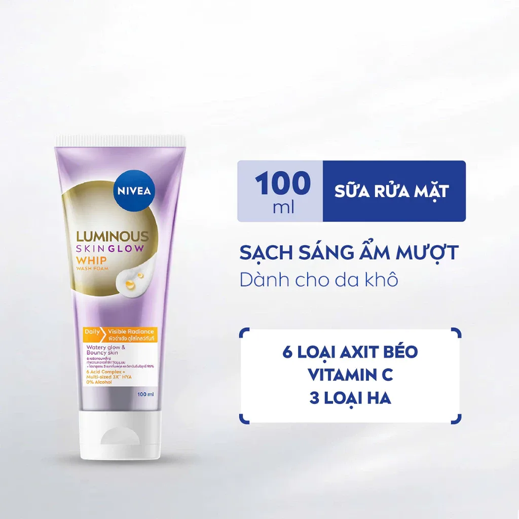 Sữa Rửa Mặt NIVEA Luminous Skin Glow Whip Wash Foam Làm Sạch Sâu Dưỡng Sáng Ẩm Mượt Cho Da Khô Xỉn Màu 100ml 8