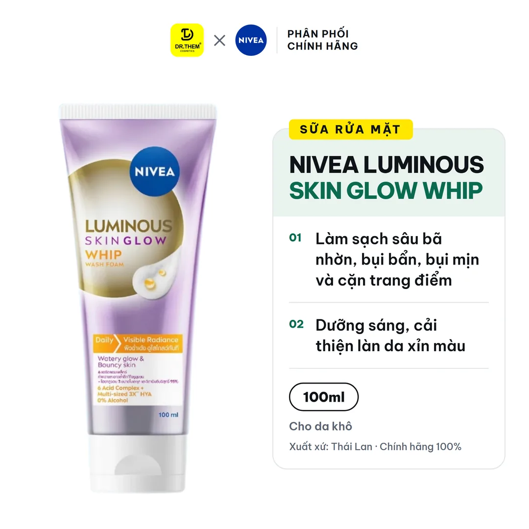 Sữa Rửa Mặt NIVEA Luminous Skin Glow Whip Wash Foam Làm Sạch Sâu Dưỡng Sáng Ẩm Mượt Cho Da Khô Xỉn Màu 100ml