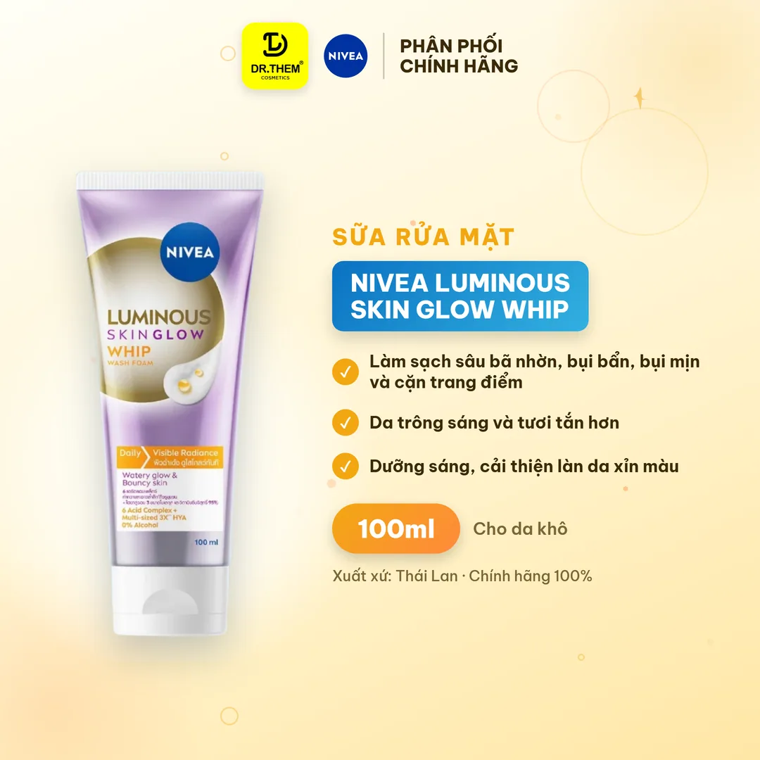 Sữa Rửa Mặt NIVEA Luminous Skin Glow Whip Wash Foam Làm Sạch Sâu Dưỡng Sáng Ẩm Mượt Cho Da Khô Xỉn Màu 100ml