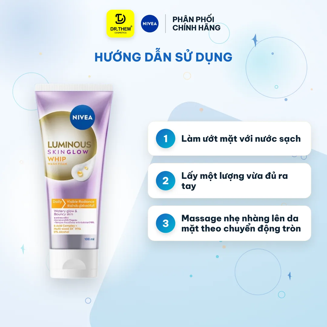 Sữa Rửa Mặt NIVEA Luminous Skin Glow Whip Wash Foam Làm Sạch Sâu Dưỡng Sáng Ẩm Mượt Cho Da Khô Xỉn Màu 100ml 8