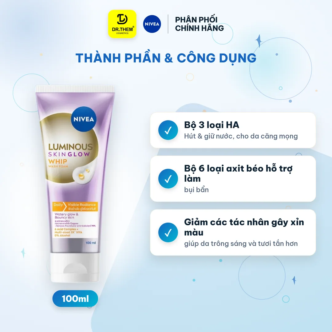 Sữa Rửa Mặt NIVEA Luminous Skin Glow Whip Wash Foam Làm Sạch Sâu Dưỡng Sáng Ẩm Mượt Cho Da Khô Xỉn Màu 100ml 7