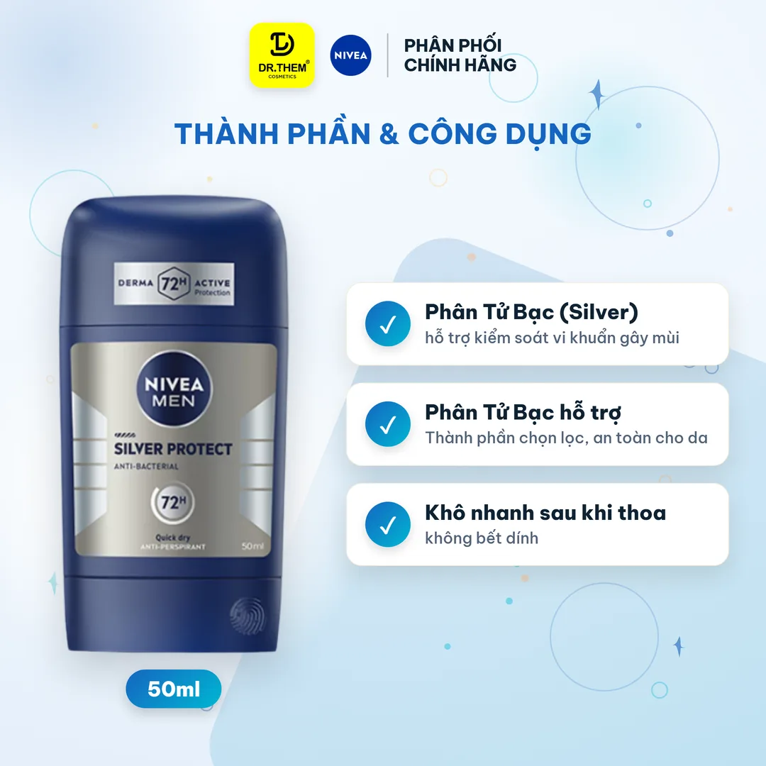 Sáp Ngăn Mùi NIVEA MEN Silver Protect Phân Tử Bạc Kháng Khuẩn Khô Thoáng 72H Cho Nam 50ml 2