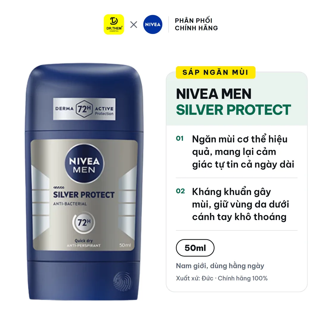 Sáp Ngăn Mùi NIVEA MEN Silver Protect Phân Tử Bạc Kháng Khuẩn Khô Thoáng 72H Cho Nam 50ml