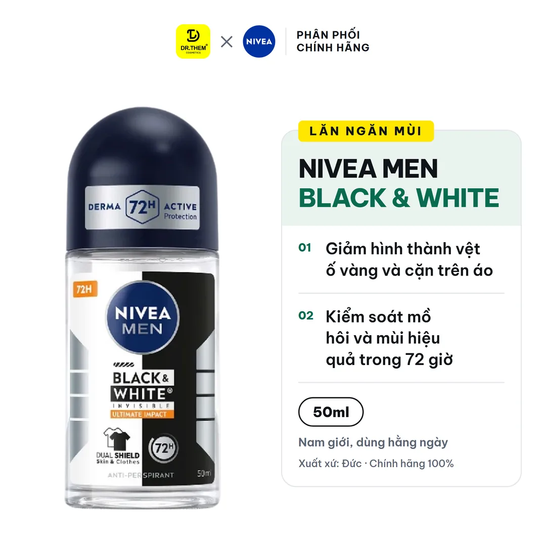 Lăn Ngăn Mùi NIVEA MEN Black & White Invisible Ngăn Vệt Ố Vàng Hương Mạnh Mẽ 72H Cho Nam 50ml