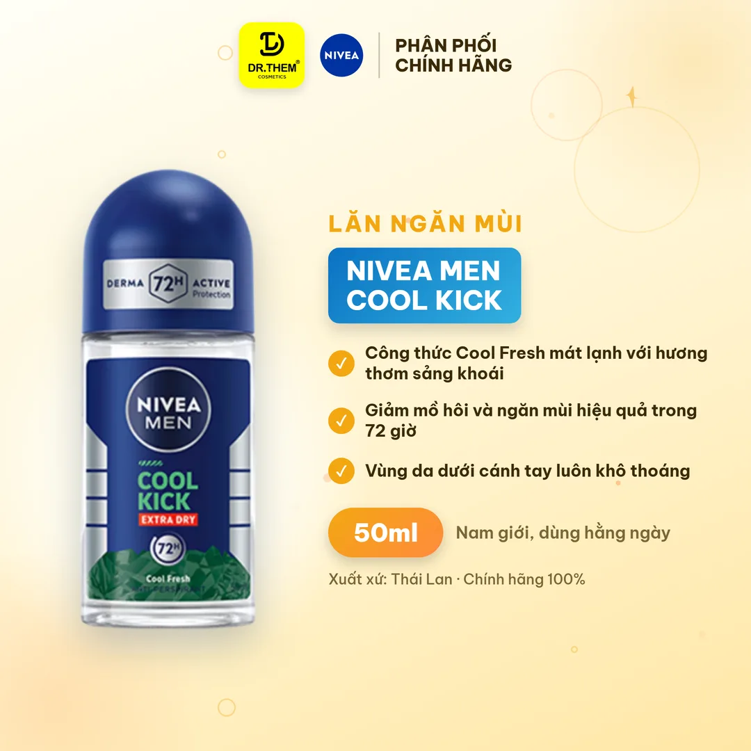 Lăn Ngăn Mùi NIVEA MEN Cool Kick Extra Dry Mát Lạnh Thơm Sảng Khoái 72H Cho Nam 50ml