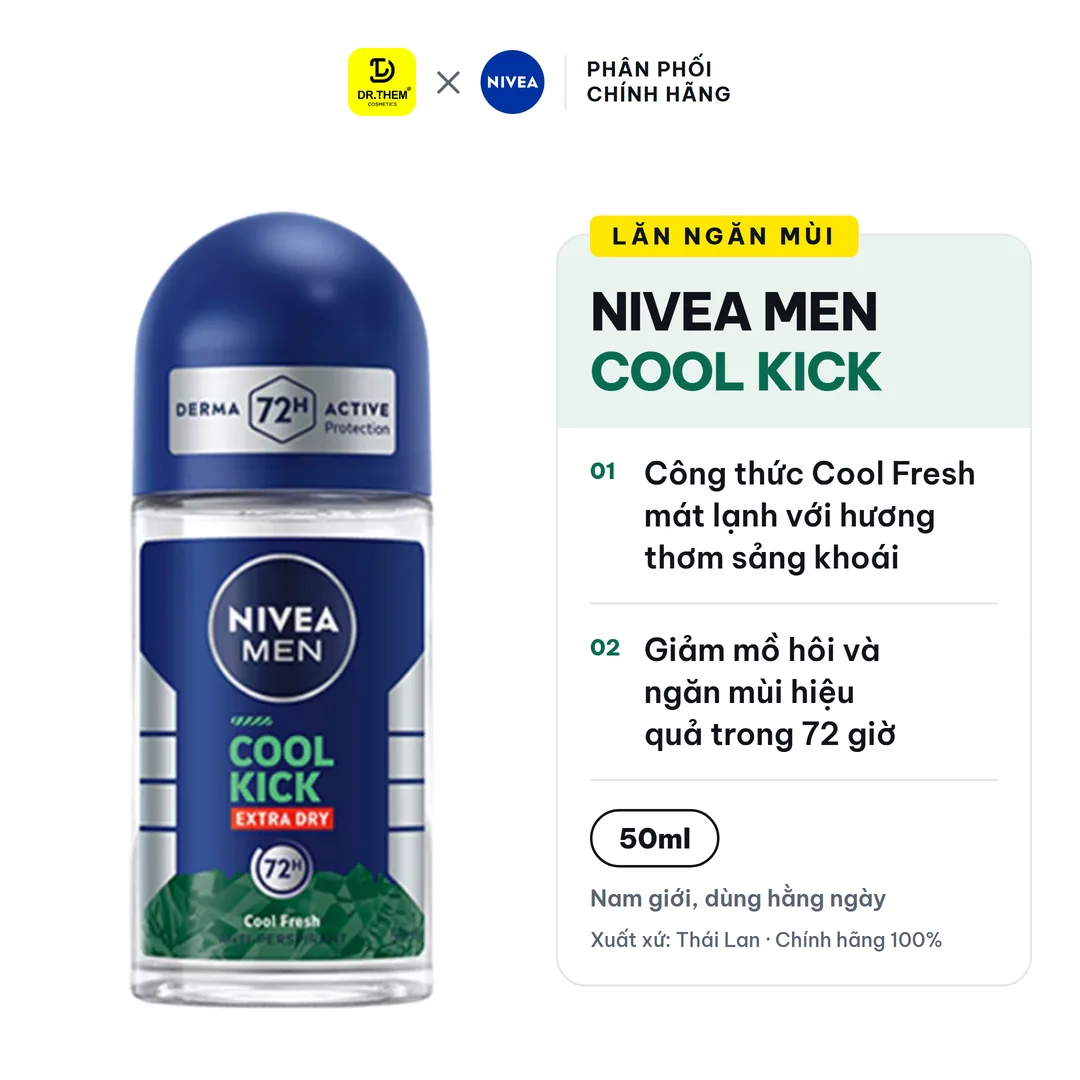 Lăn Ngăn Mùi NIVEA MEN Cool Kick Extra Dry Mát Lạnh Thơm Sảng Khoái 72H Cho Nam 50ml