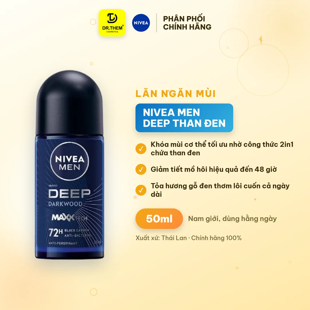 Lăn Ngăn Mùi NIVEA MEN Deep Than Đen Hương Gỗ Đen Khóa Mùi Giảm Tiết Mồ Hôi 72H 50ml