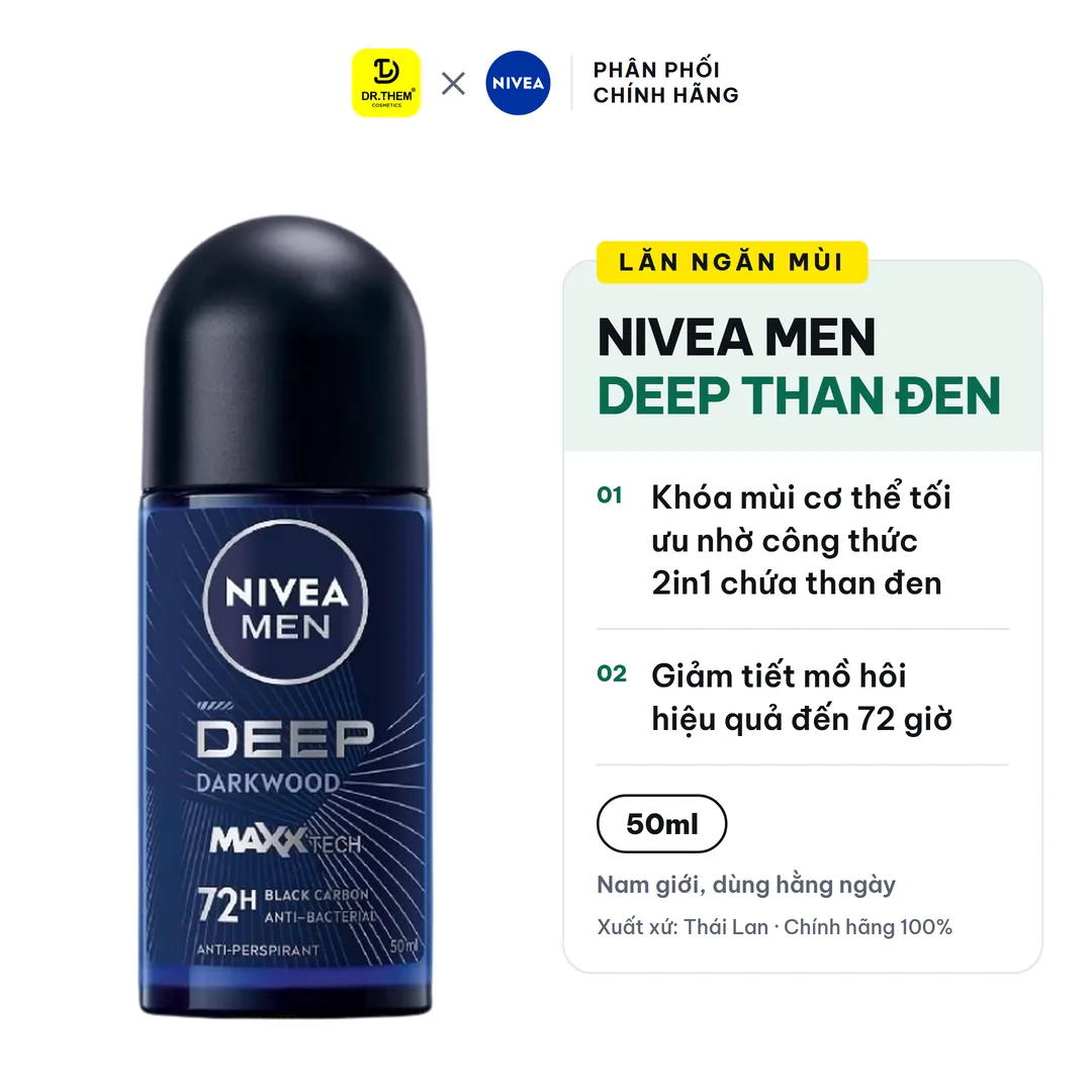 Lăn Ngăn Mùi NIVEA MEN Deep Than Đen Hương Gỗ Đen Khóa Mùi Giảm Tiết Mồ Hôi 72H 50ml