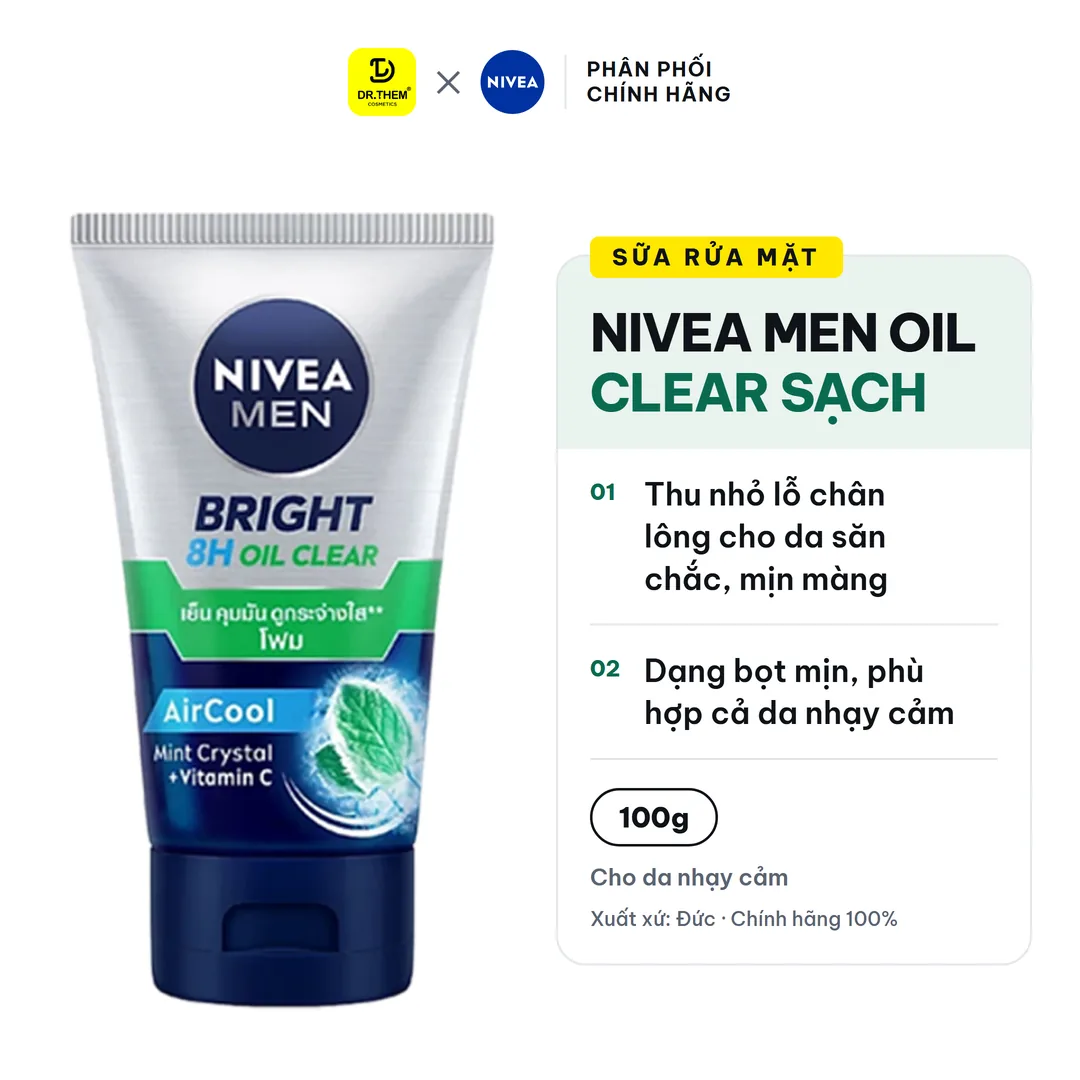 Sữa Rửa Mặt Nivea Men Oil Clear Sạch Nhờn Mát Lạnh Bọt Mịn 8H 100g