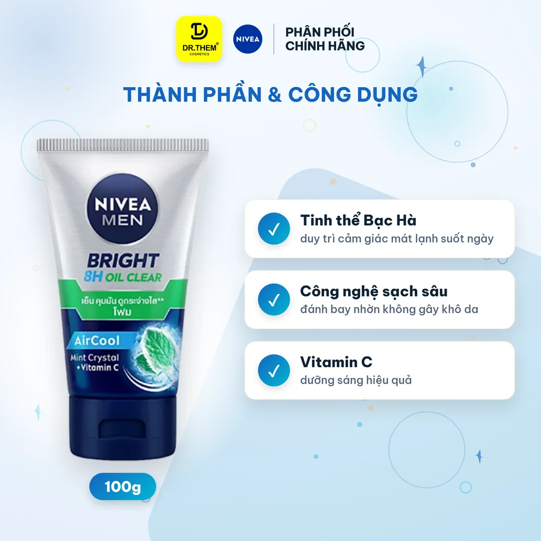 Sữa Rửa Mặt Nivea Men Oil Clear Sạch Nhờn Mát Lạnh Bọt Mịn 8H 100g 2