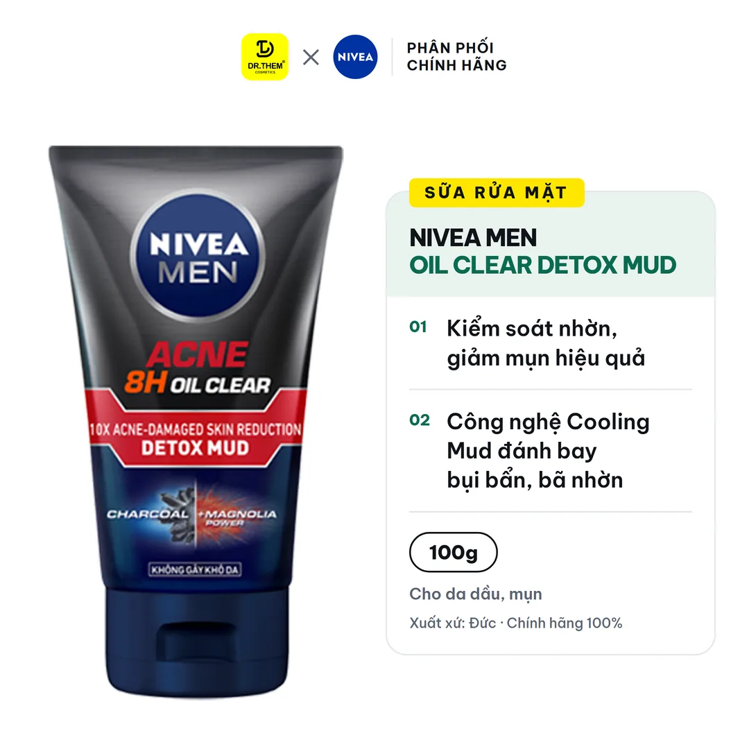 Sữa Rửa Mặt Nivea Men 8H Oil Clear Detox Mud Giảm Mụn 100g