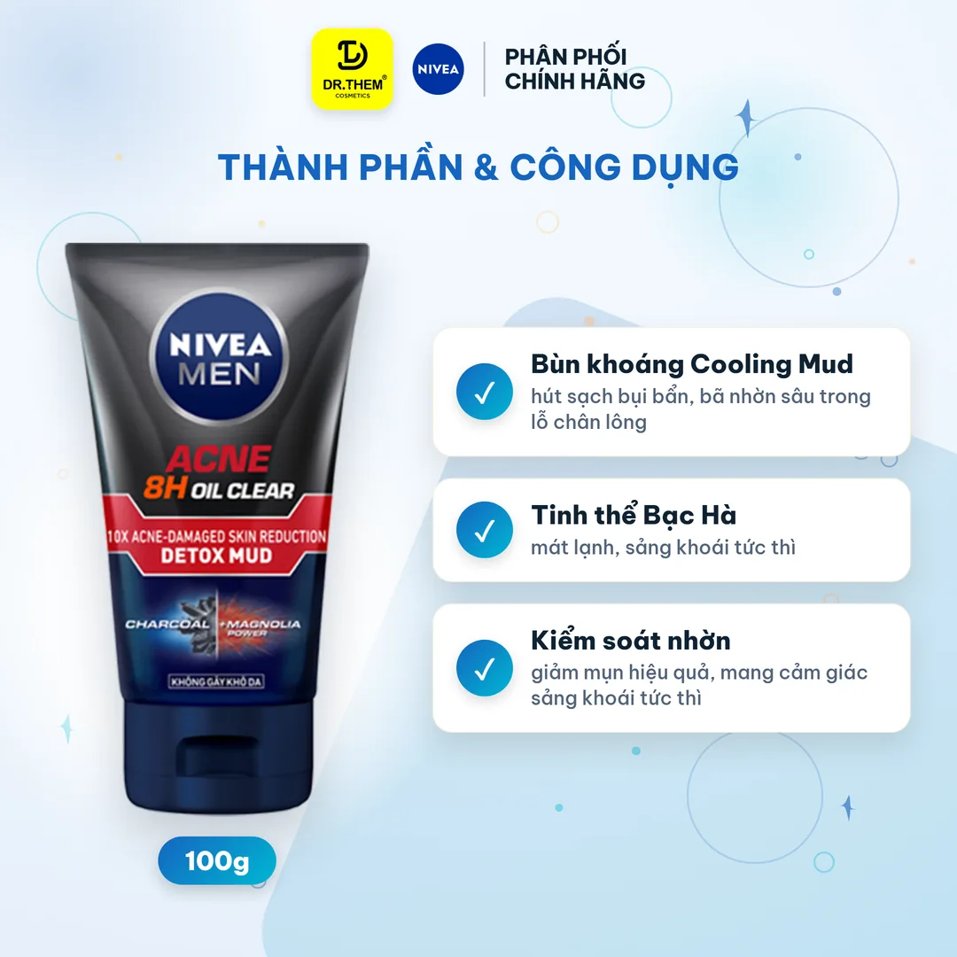 Sữa Rửa Mặt Nivea Men 8H Oil Clear Detox Mud Giảm Mụn 100g 2