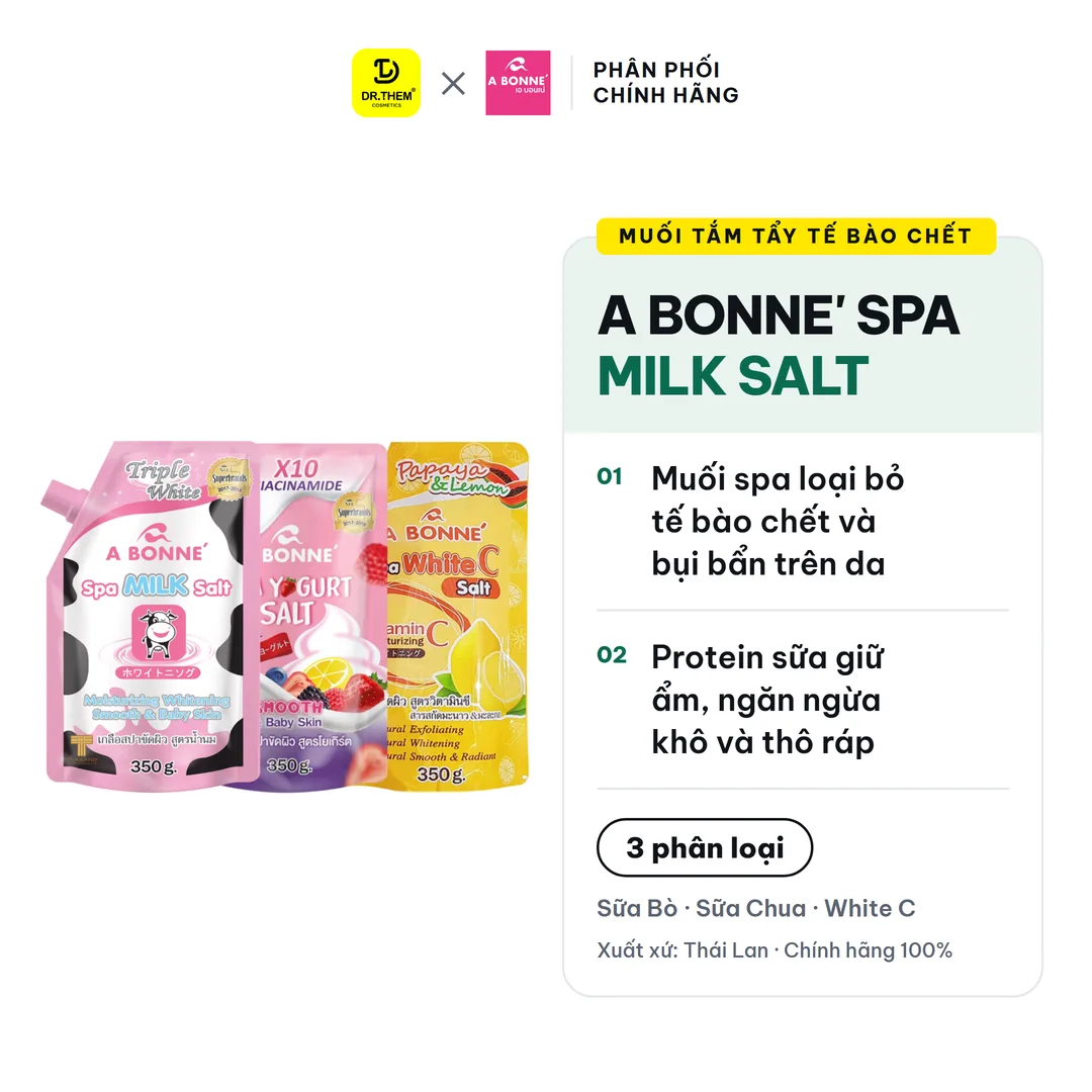 Muối Tắm Tẩy Tế Bào Chết A Bonne Spa Milk Salt Sữa Bò Sữa Chua Vitamin C Dưỡng Da Mịn Màng 350g