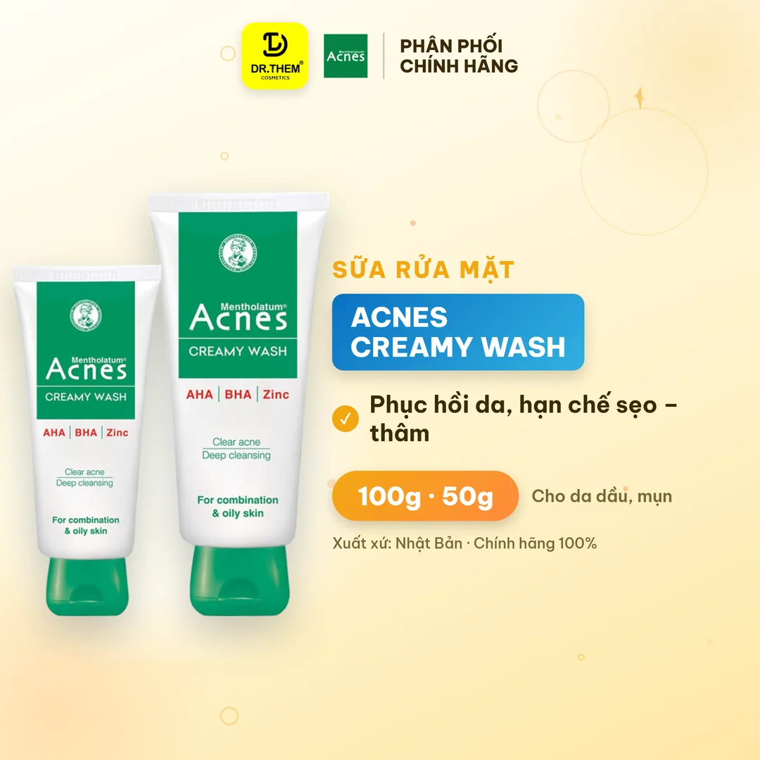 Sữa Rửa Mặt Acnes Creamy Wash AHA BHA Làm Sạch Sâu Lỗ Chân Lông Ngăn Ngừa Mụn Cho Da Dầu Mụn 50g/100g