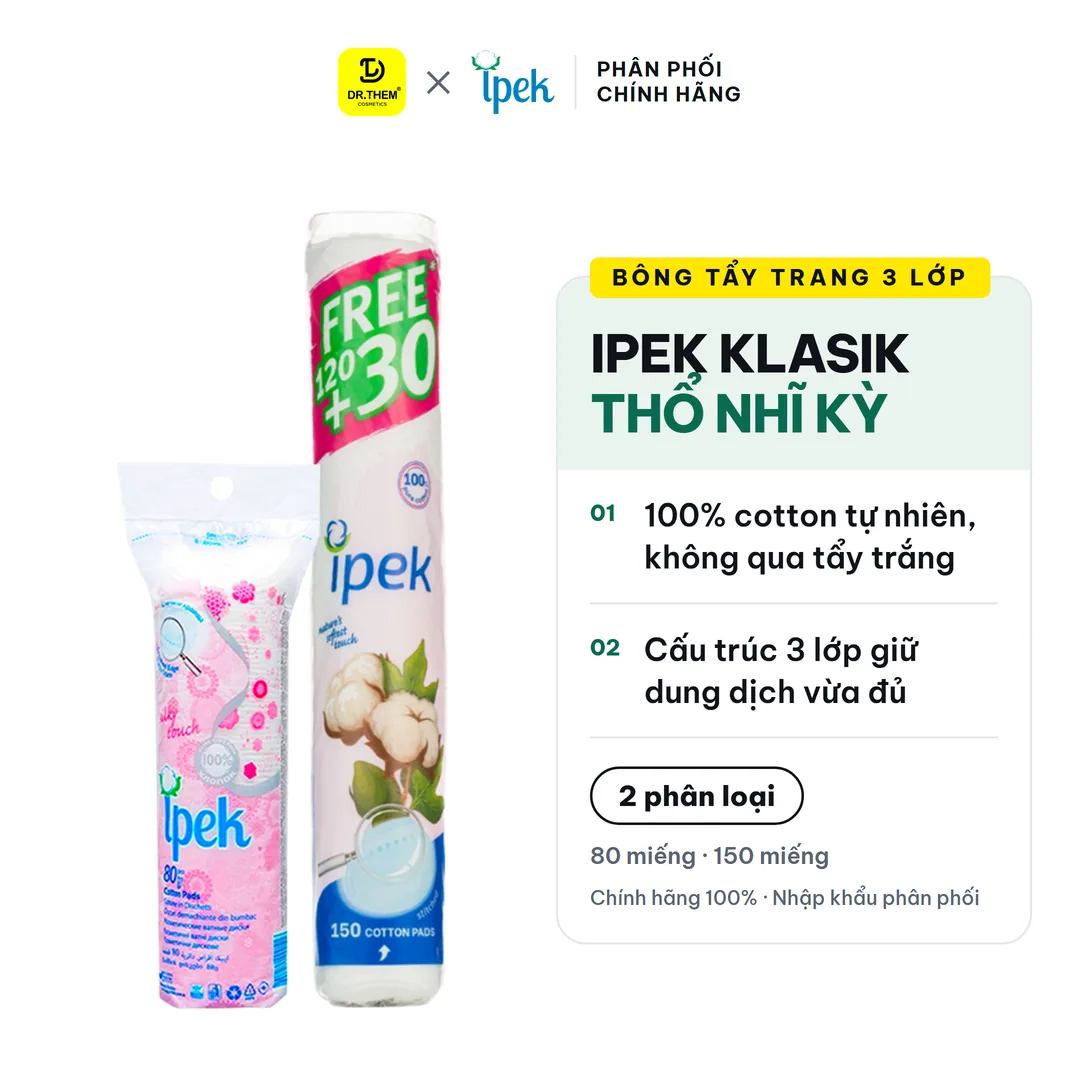 Bông Tẩy Trang Ipek Klasik Cotton Pads 3 Lớp 100% Cotton Tự Nhiên Mềm Mịn Cho Mọi Loại Da 150 Miếng