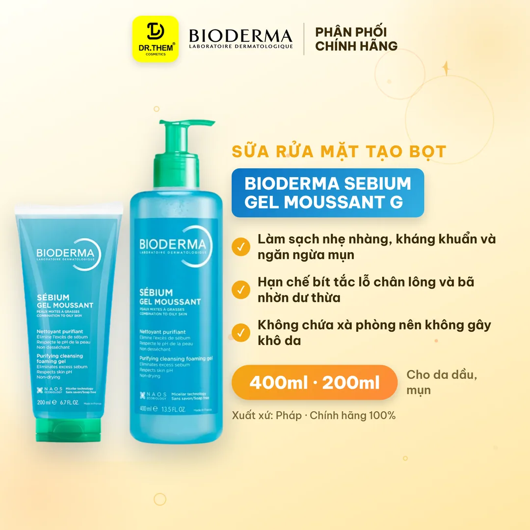 Sữa Rửa Mặt Bioderma Sebium Gel Moussant Tạo Bọt Làm Sạch Kiềm Dầu Cho Da Hỗn Hợp Da Dầu Mụn 45ml 200ml 500ml