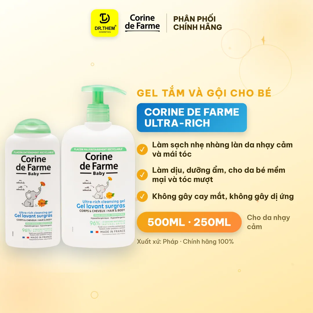 Gel Tắm Gội Cho Bé Corine De Farme Ultra Rich Cleansing Gel Làm Sạch Dịu Nhẹ Không Cay Mắt 250ml/500ml