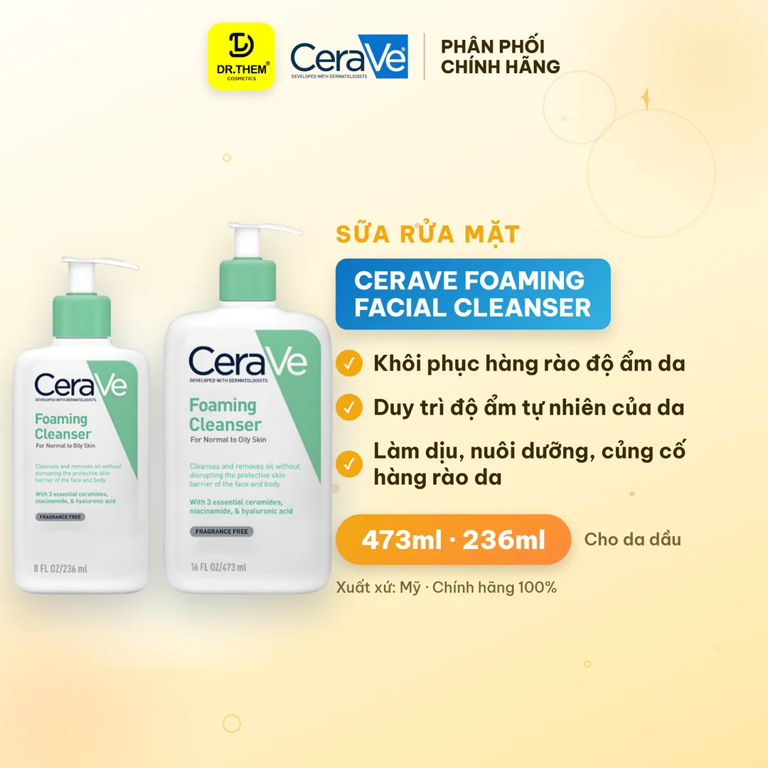 Sữa Rửa Mặt CeraVe Foaming Facial Cleanser Tạo Bọt Làm Sạch Sâu Kiềm Dầu Cho Da Thường Đến Da Dầu 88ml/236ml/473ml