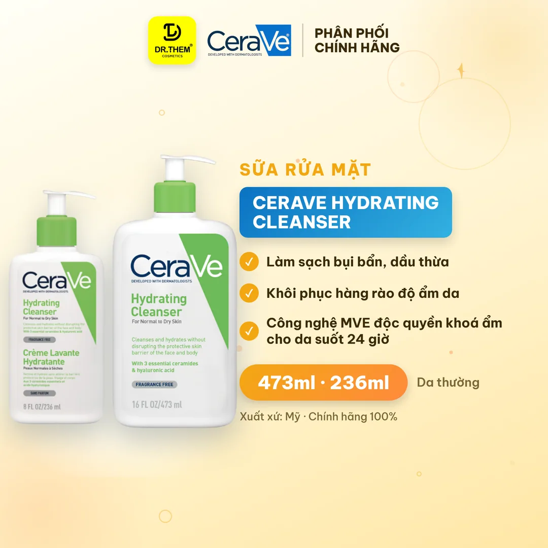 Sữa Rửa Mặt CeraVe Hydrating Cleanser Làm Sạch Dịu Nhẹ Cấp Ẩm Cho Da Thường Đến Da Khô 88ml/236ml/473ml