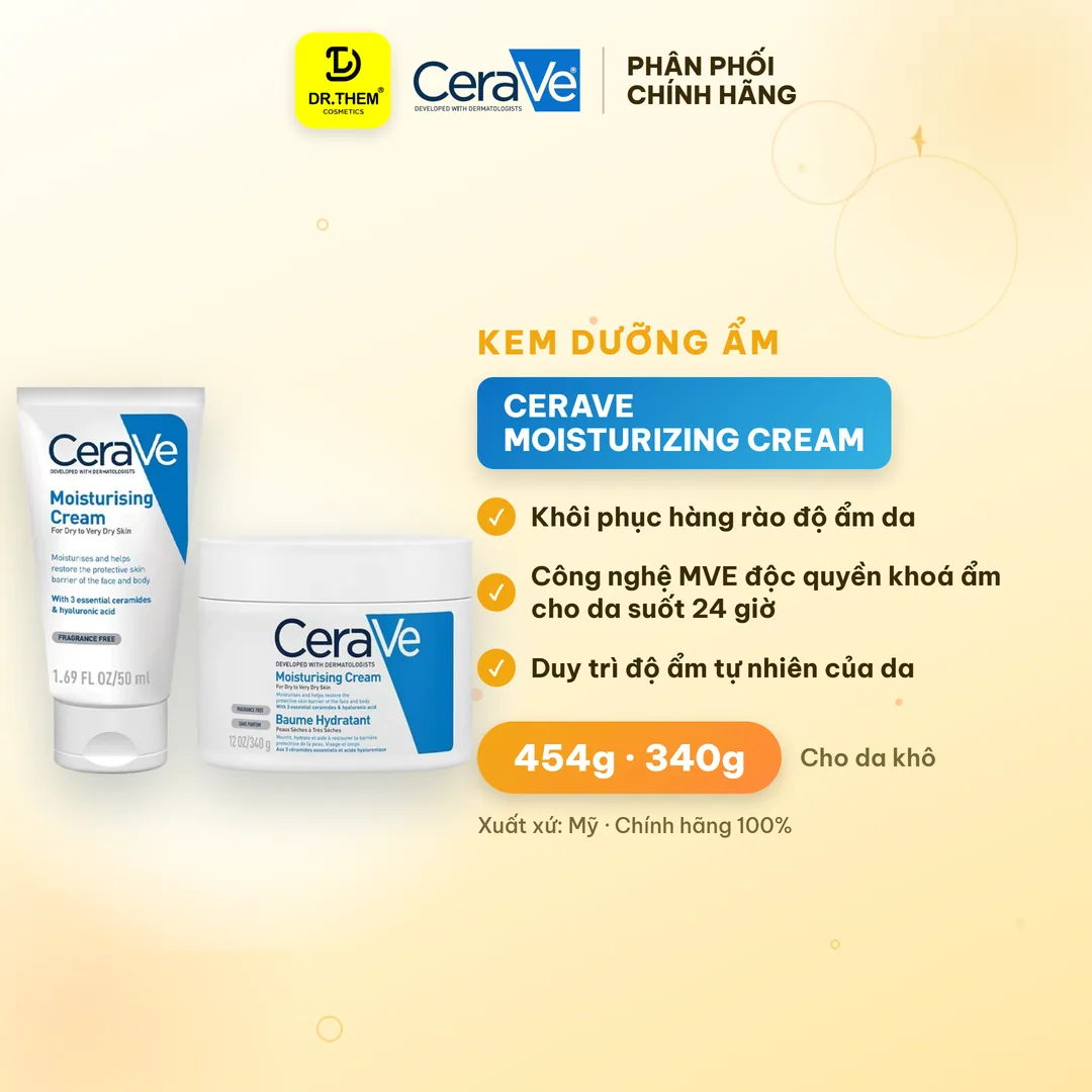 Kem Dưỡng Ẩm CeraVe Moisturising Cream Phục Hồi Hàng Rào Độ Ẩm Cho Da Khô Đến Rất Khô 50ml 340g 454g