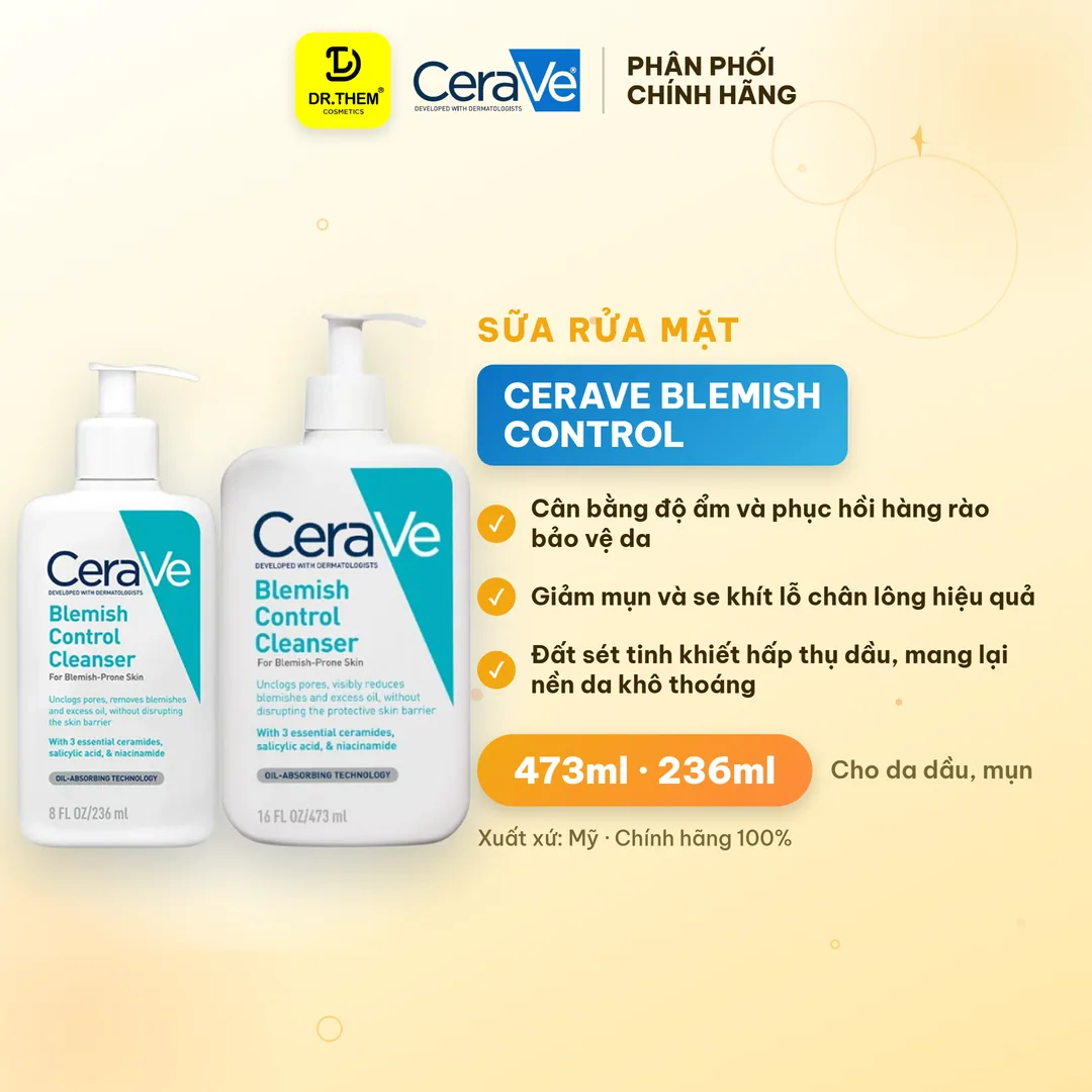 Sữa Rửa Mặt CeraVe Blemish Control Cleanser 2% Salicylic Acid Làm Sạch Sâu Hỗ Trợ Giảm Mụn Cho Da Dầu Mụn 88ml/236ml/473ml