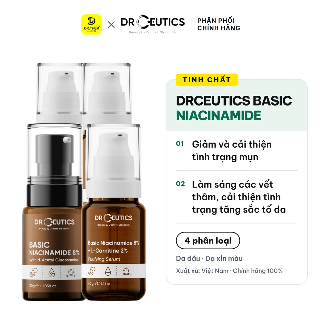Tinh Chất DrCeutics Basic Niacinamide B3 8% 12% 20% Serum Hỗ Trợ Sáng Da Mờ Thâm Mụn Kiềm Dầu 30g/40g/100g