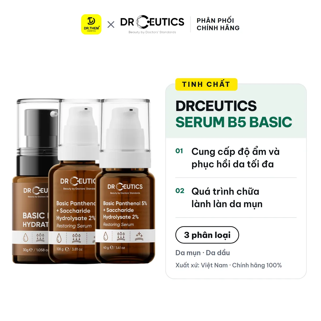 Tinh Chất DrCeutics Serum B5 Basic Và Dexpanthenol 10% Cấp Ẩm Hỗ Trợ Phục Hồi Làm Dịu Da Dầu Mụn 30g/40g/100g