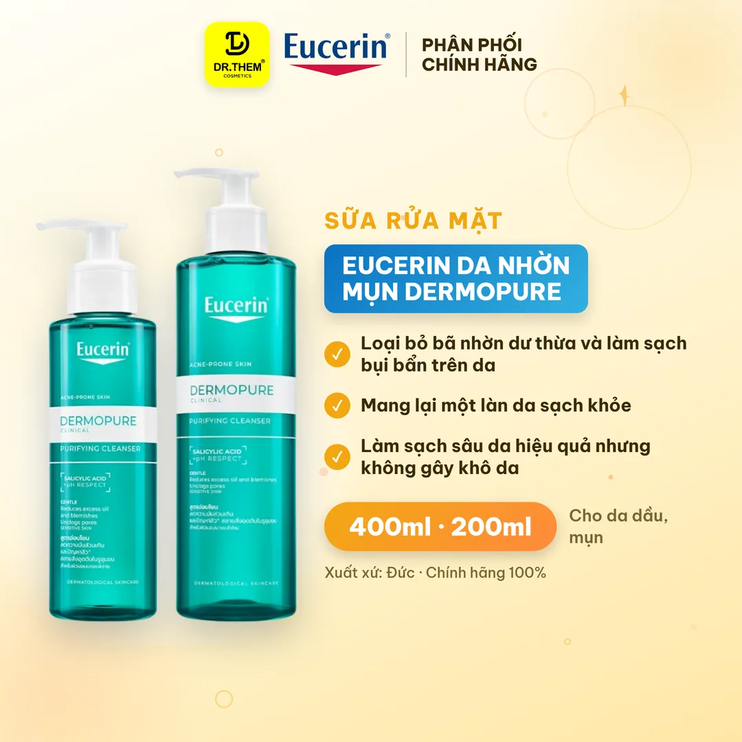 Gel Rửa Mặt Eucerin Dermopure Clinical Purifying Cleanser Làm Sạch Bã Nhờn Cho Da Nhờn Mụn 75ml 200ml 400ml