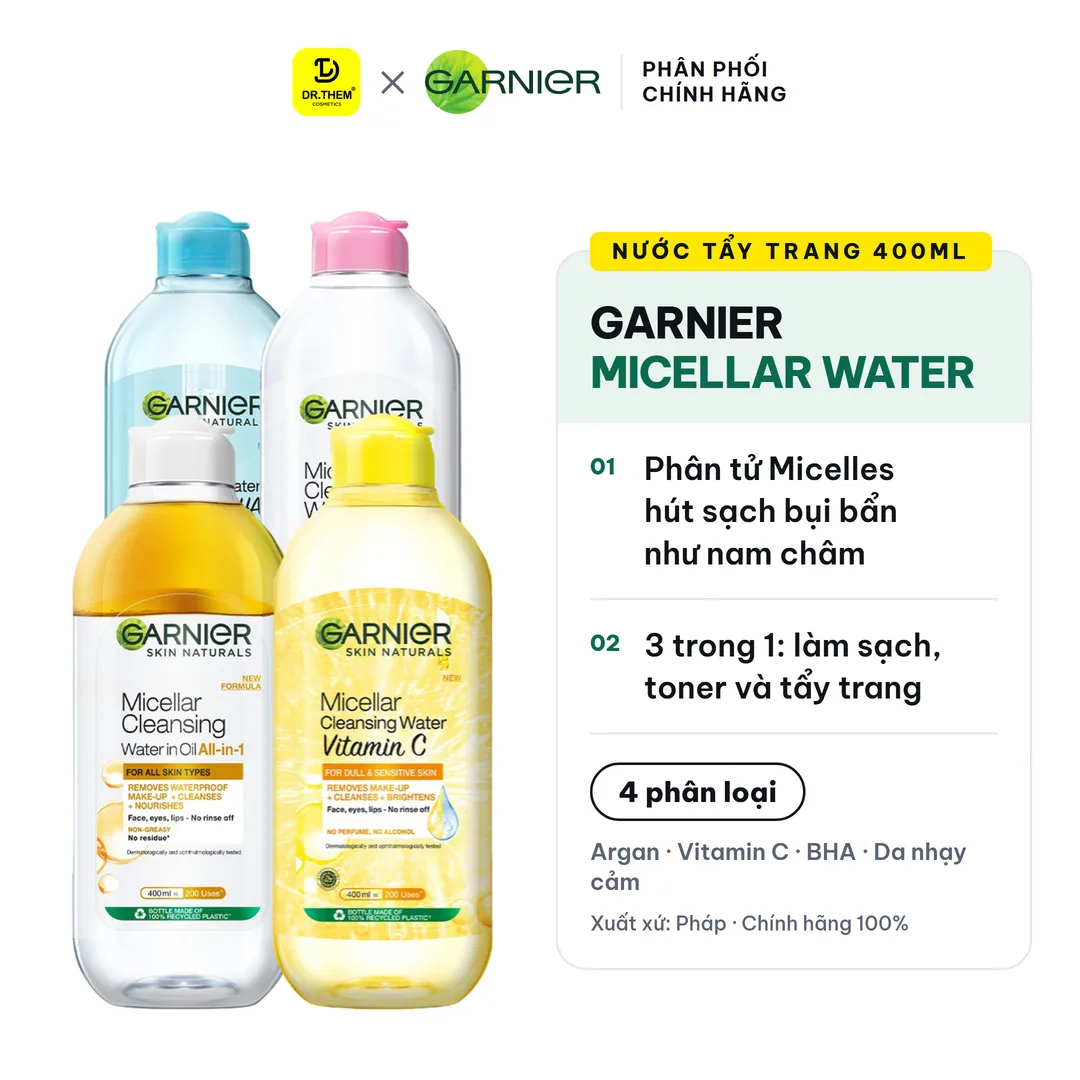 Nước Tẩy Trang Garnier Micellar Cleansing Water Làm Sạch Sâu Dịu Nhẹ 3 Trong 1 Cho Mọi Loại Da 50ml/400ml