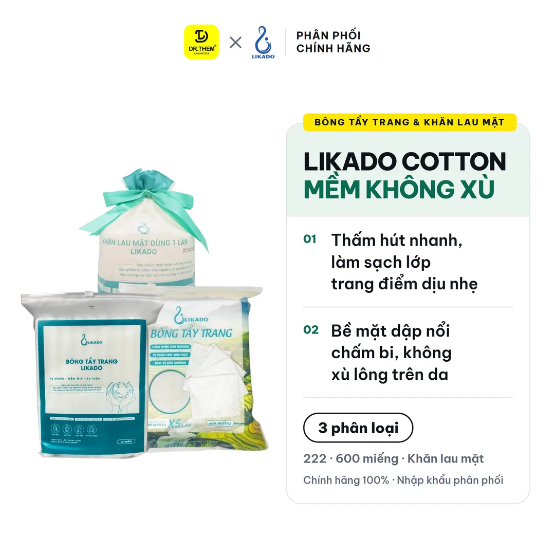 Bông Tẩy Trang Likado Chất Liệu Cotton Mềm Không Xù Lông Túi 100 Miếng Tròn 222 Miếng 600 Miếng Và Khăn Lau Mặt Dùng 1 Lần