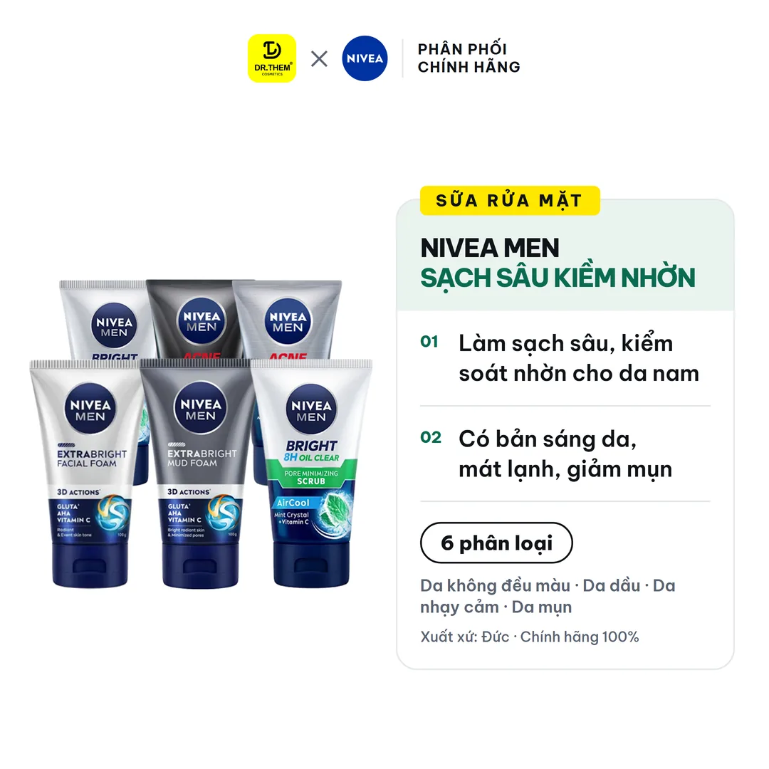 Sữa Rửa Mặt Nivea Men Làm Sạch Sâu Kiềm Dầu Hỗ Trợ Giảm Mụn Dưỡng Sáng Da Dành Cho Nam 100g/150g