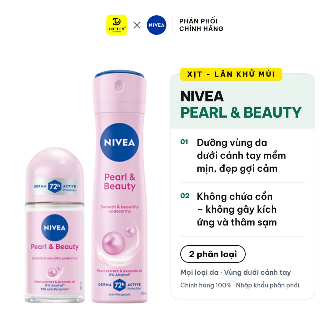 Xịt Lăn Khử Mùi Nivea Pearl And Beauty Chiết Xuất Ngọc Trai Dưỡng Sáng Mềm Mịn Ngăn Mùi 72 Giờ 50ml/150ml