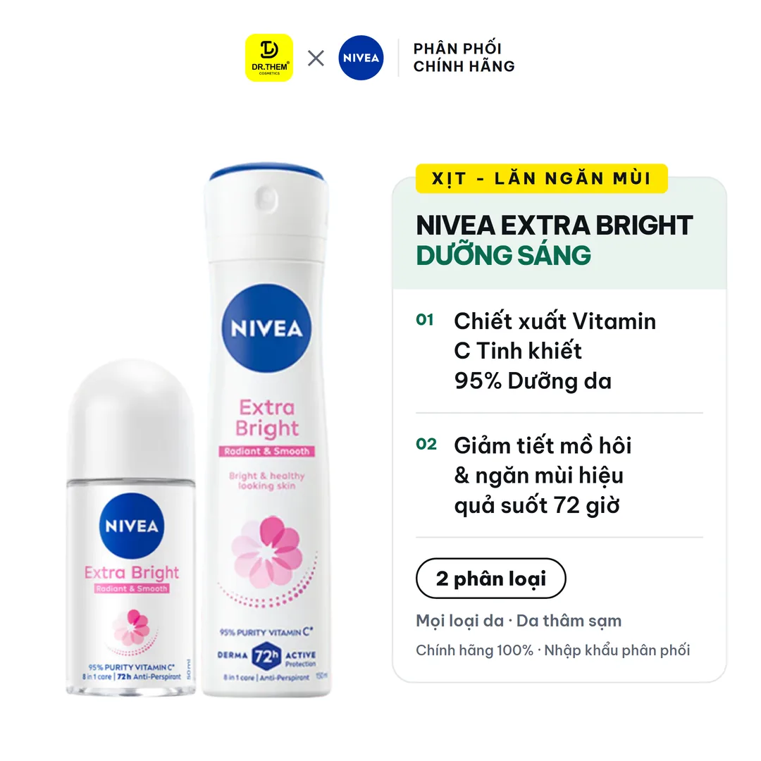 Xịt Lăn Ngăn Mùi Nivea Extra Bright Vitamin C Dưỡng Sáng Mịn Hỗ Trợ Giảm Thâm Sạm Ngăn Mùi 72 Giờ 50ml/150ml