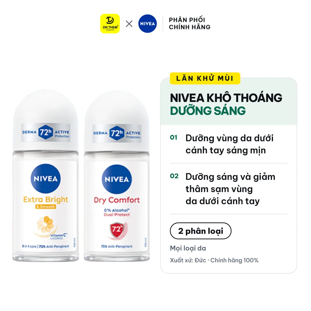 Lăn Khử Mùi Nivea Extra Bright Smooth Và Dry Comfort Ngăn Mồ Hôi 72 Giờ Dưỡng Sáng Vùng Da Dưới Cánh Tay 50ml