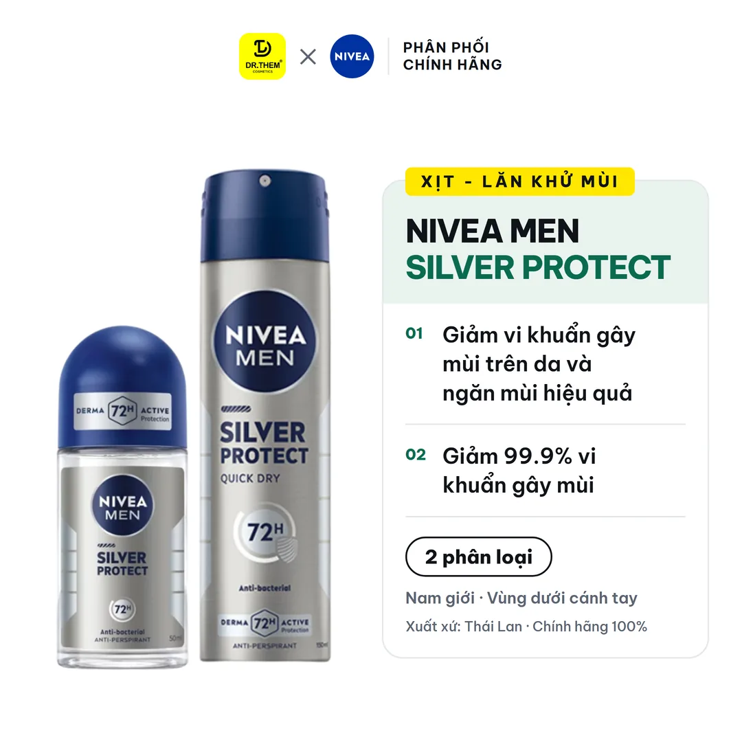 Khử Mùi Nivea Men Silver Protect Phân Tử Bạc Ngăn Khuẩn Gây Mùi Khô Thoáng Cả Ngày Cho Nam Xịt 150ml Lăn 50ml