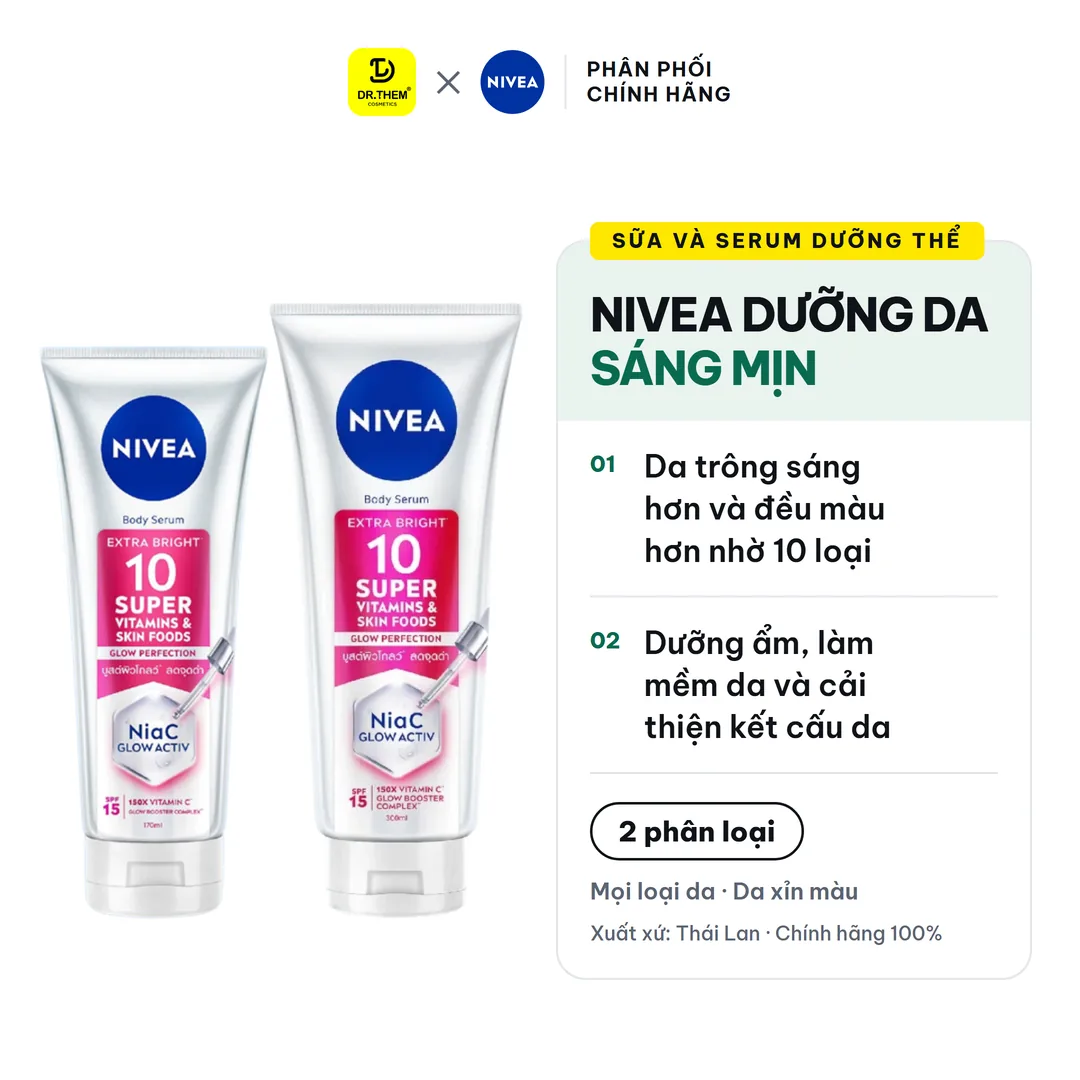 Serum Dưỡng Thể Nivea 10 Super Vitamins & Skin Foods Dưỡng Sáng Da Hỗ Trợ Mờ Thâm SPF15 Cho Mọi Loại Da 170ml 300ml